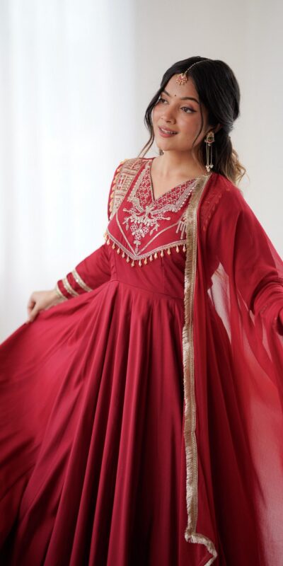 ZSR 3149 Red Roman silk Gown Perfect for Wedding, Party, Sangeet, Haldi, Lohri – . Introductory Price ₹2099. Delivery 4-6 Working Days. Shop now. | Bollywood Gowns, Creative Gowns, Designer Gowns, Embroidered Gowns, Gowns, Party Wear Gowns