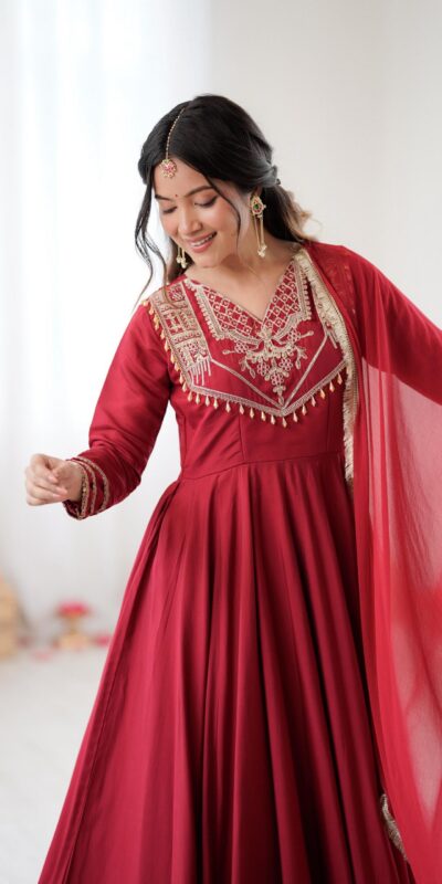ZSR 3149 Red Roman silk Gown Perfect for Wedding, Party, Sangeet, Haldi, Lohri – . Introductory Price ₹2099. Delivery 4-6 Working Days. Shop now. | Bollywood Gowns, Creative Gowns, Designer Gowns, Embroidered Gowns, Gowns, Party Wear Gowns