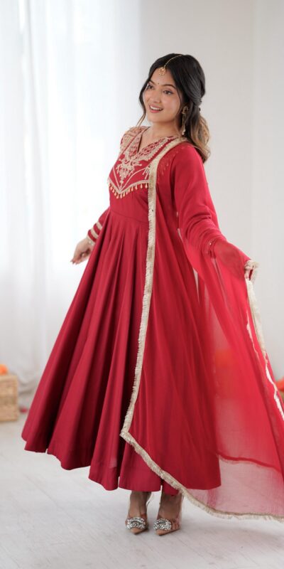 ZSR 3149 Red Roman silk Gown Perfect for Wedding, Party, Sangeet, Haldi, Lohri – . Introductory Price ₹2099. Delivery 4-6 Working Days. Shop now. | Bollywood Gowns, Creative Gowns, Designer Gowns, Embroidered Gowns, Gowns, Party Wear Gowns