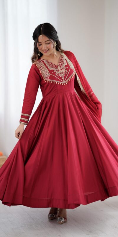 ZSR 3149 Red Roman silk Gown Perfect for Wedding, Party, Sangeet, Haldi, Lohri – . Introductory Price ₹2099. Delivery 4-6 Working Days. Shop now. | Bollywood Gowns, Creative Gowns, Designer Gowns, Embroidered Gowns, Gowns, Party Wear Gowns