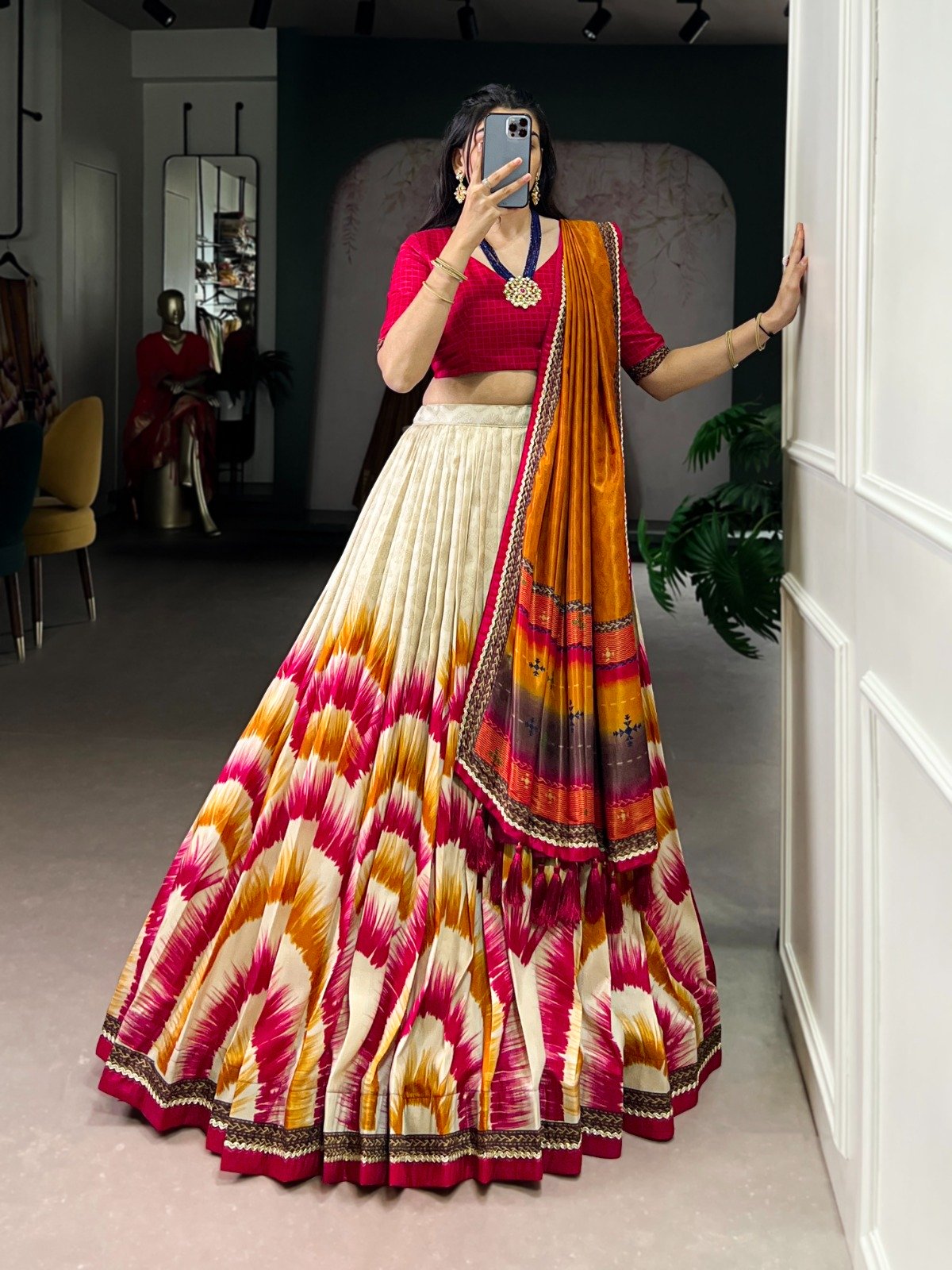Red Taser Silk Printed Lehenga Choli - Image 3