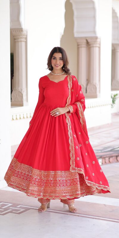 KA 1209 Red Vichitra Silk Gown with Embroidery Work & Sequins Work. Get it for ₹2499. Delivery 4-6 Working Days. Shop now. | Bollywood Gowns, Creative Gowns, Designer Gowns, Embroidered Gowns, Gowns, Party Wear Gowns