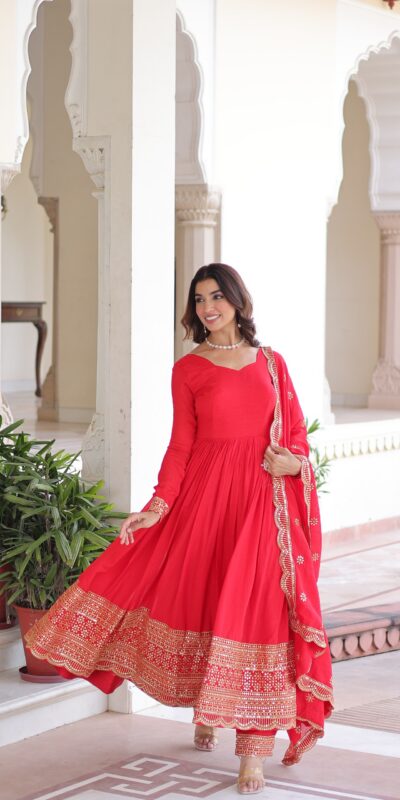 KA 1209 Red Vichitra Silk Gown with Embroidery Work & Sequins Work. Get it for ₹2499. Delivery 4-6 Working Days. Shop now. | Bollywood Gowns, Creative Gowns, Designer Gowns, Embroidered Gowns, Gowns, Party Wear Gowns