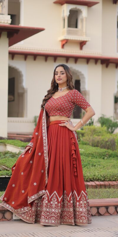 KA 5055 Rust Vichitra Silk Lehenga Choli with Embroidery Work & Sequins Work. Introductory Price ₹3049. Delivery 4-6 Working Days. Shop now. | Bollywood Lehenga, Creative Lehenga, Designer Lehenga, Embroidered Lehenga, Lehenga, Party Wear Lehenga