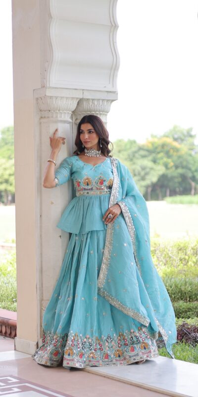 KA 5058 Sky Blue in Gold Crush Embroidery Work & Zari Work Lehenga Choli . Special Price ₹2649. Delivery 4-6 Working Days. Shop now. | Bollywood Lehenga, Creative Lehenga, Designer Lehenga, Embroidered Lehenga, Lehenga, Party Wear Lehenga