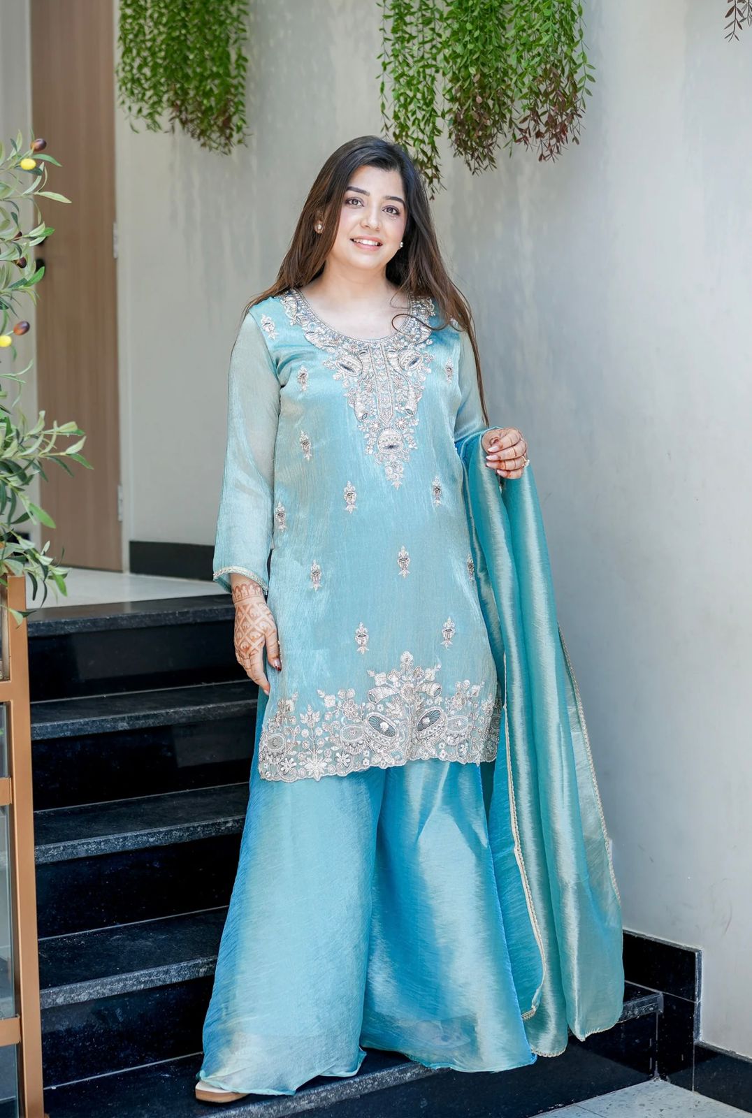 Sky Blue Jimmy Choo Embroidery Lace Work Salwar Suit - Image 3