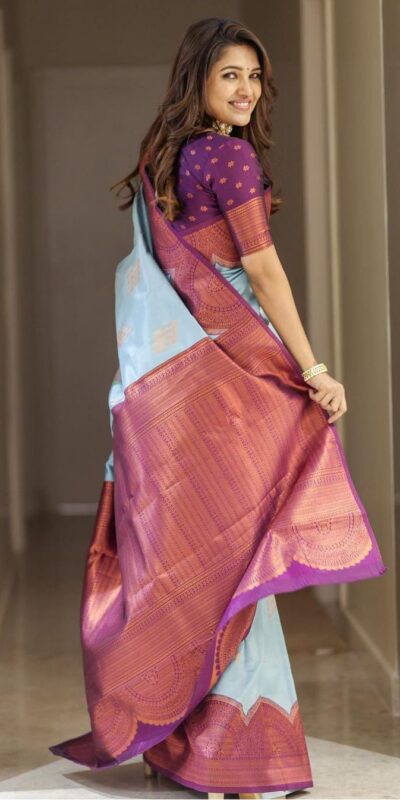 KPR 133 Sky Blue Color Soft Lichi Silk Saree with Designer Work. Exclusive Offer ₹1399. Delivery 4-6 Working Days. Shop now. | Creative Sarees, Embroidered Sarees, Bollywood Sarees, Designer Sarees, Ethnic Saree, Modern Digital sarees, Party Wear Sarees, Sarees