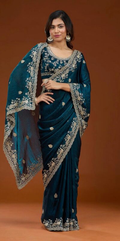 E BT 438 Teal in Fandy Satin Silk mbroidery Work & Zari Work Saree. Special Price ₹1949. Delivery 4-6 Working Days. Shop now. | Creative Sarees, Embroidered Sarees, Bollywood Sarees, Designer Sarees, Ethnic Saree, Modern Digital sarees, Party Wear Sarees, Sarees