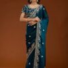 Teal Fandy Satin Silk Embroidery Work Saree