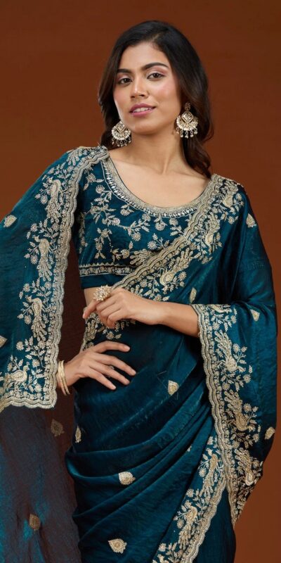 E BT 438 Teal in Fandy Satin Silk mbroidery Work & Zari Work Saree. Special Price ₹1949. Delivery 4-6 Working Days. Shop now. | Creative Sarees, Embroidered Sarees, Bollywood Sarees, Designer Sarees, Ethnic Saree, Modern Digital sarees, Party Wear Sarees, Sarees