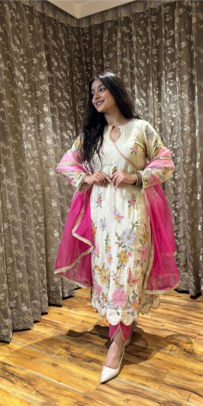 White Chinon Embroidery Lace Work Salwar Suit