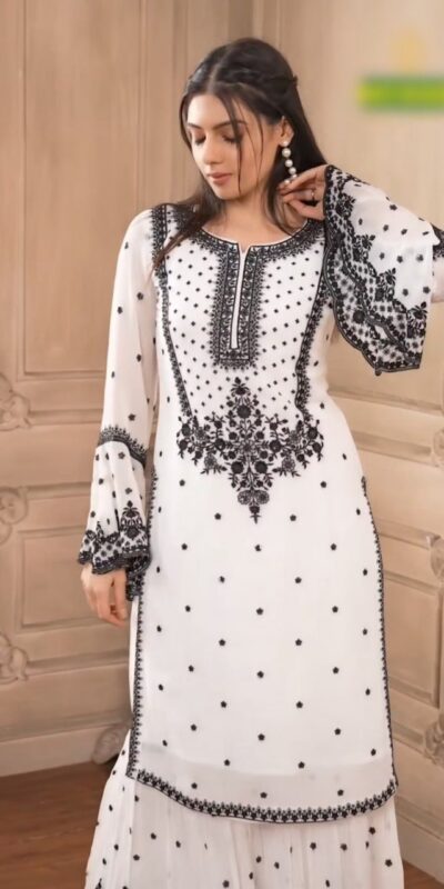 DC 111 White Fox Georgette Salwar Suit with Embroidery Work & Thread Embroidery. Available at ₹2449 only. Delivery 4-6 Working Days. Shop now. | Casual Suits, Jump Suits, Tops & Bottoms, Track Suits, Trendy Wear, Creative suits, Designer Suits, Palazzo Suits, Party Wear Suits, Patiala Suits, Salwar suit, Straight Suits