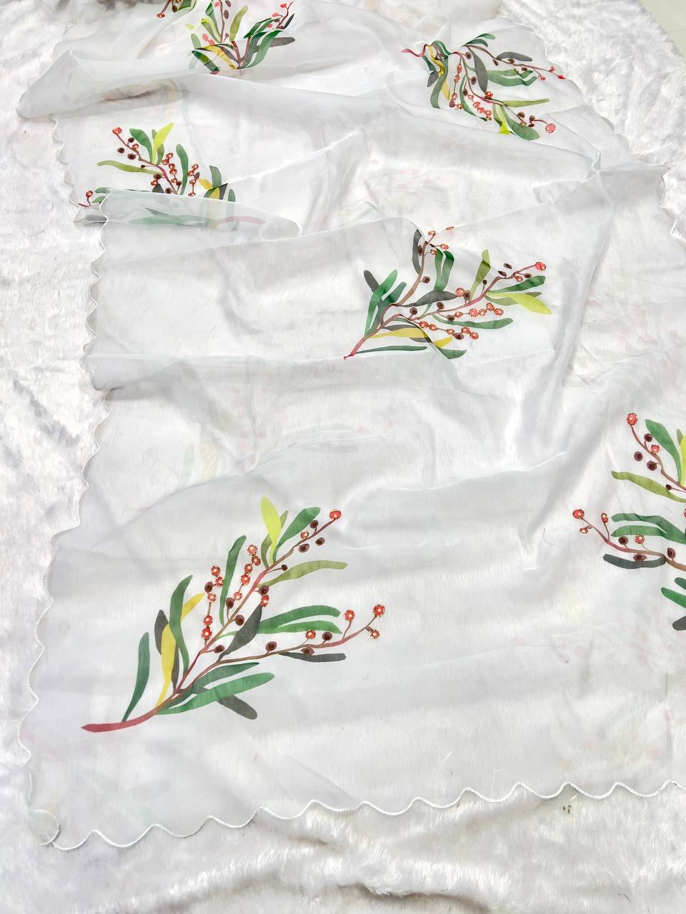 White TB Organza Digital Print Saree - Image 2