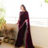 Wine 9000 Velvet Embroidery Lace Work Saree