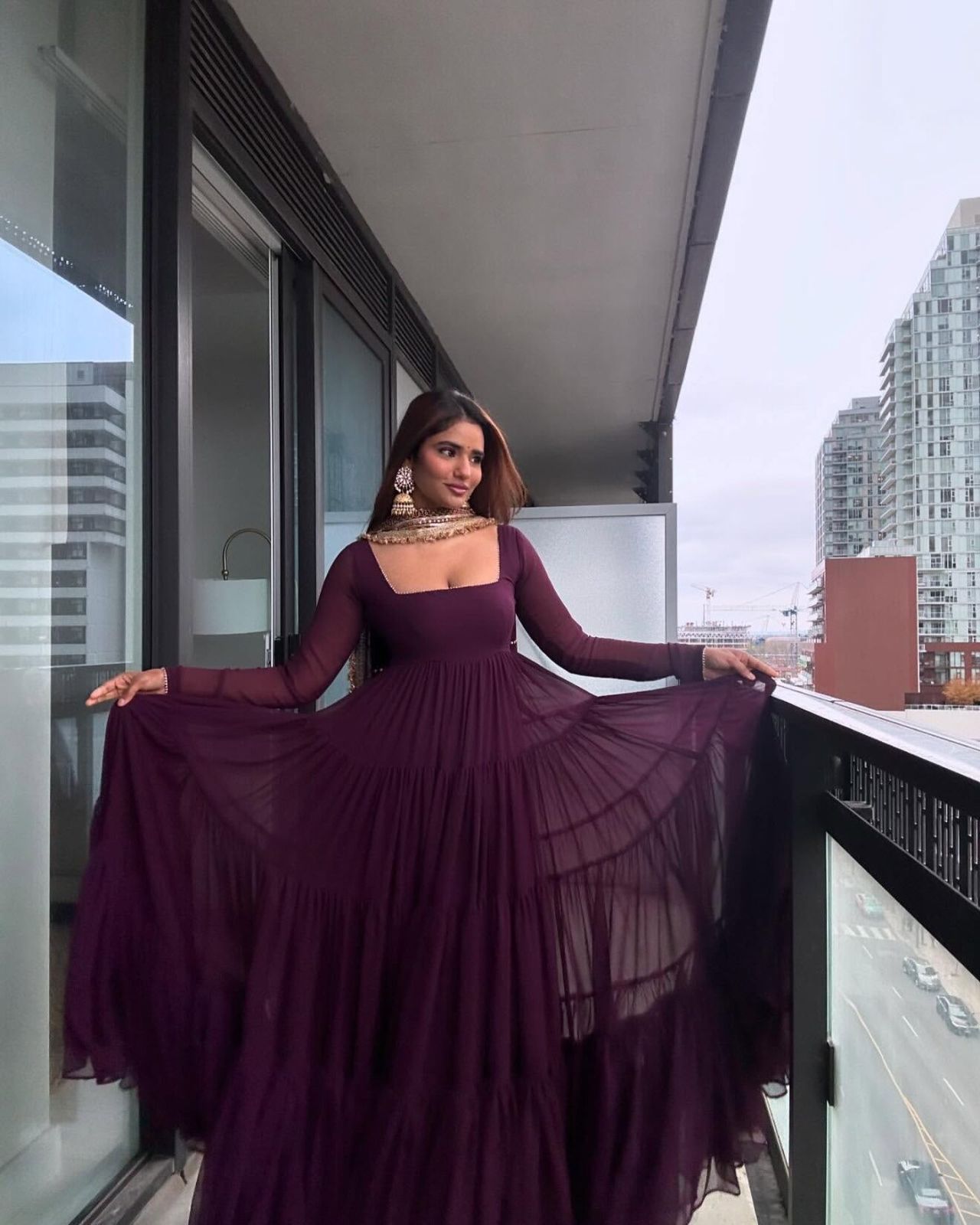 Wine Faux Georgette Ruffle Style Gown - Image 3