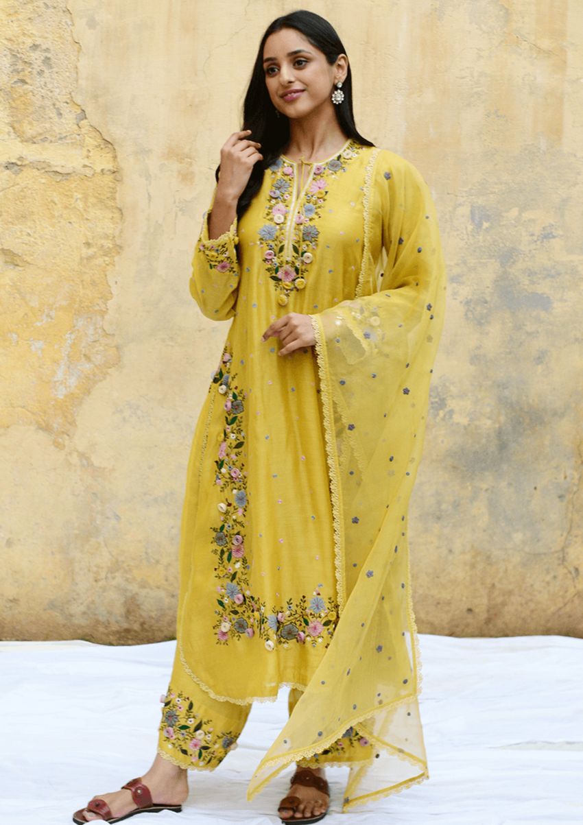 Yellow Faux Georgette Embroidery Lace Work Salwar Suit - Image 5