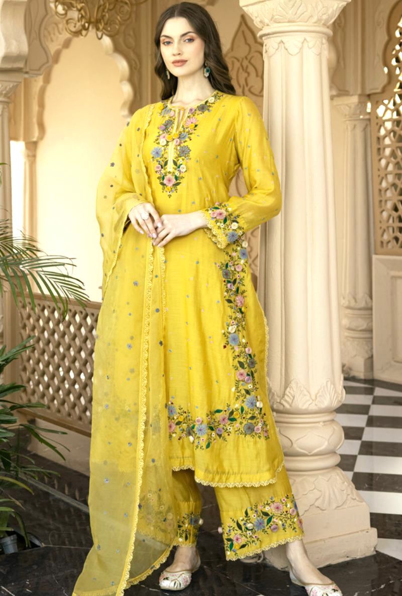 Yellow Faux Georgette Embroidery Lace Work Salwar Suit - Image 2