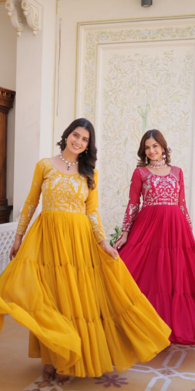 Ram 083 Yellow Fox Georgette Sequence Work Gown . Wedding, Party, Festive, Events Grab it for ₹1749. Delivery 4-6 Working Days. Shop now. | Bollywood Gowns, Creative Gowns, Designer Gowns, Embroidered Gowns, Gowns, Party Wear Gowns