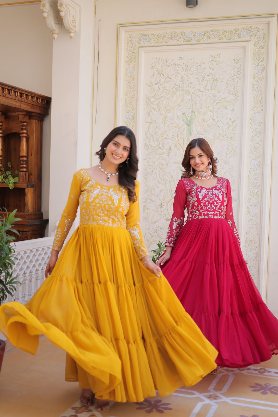 Ram 083 Yellow Fox Georgette Sequence Work Gown . Wedding, Party, Festive, Events Grab it for ₹1749. Delivery 4-6 Working Days. Shop now. | Bollywood Gowns, Creative Gowns, Designer Gowns, Embroidered Gowns, Gowns, Party Wear Gowns