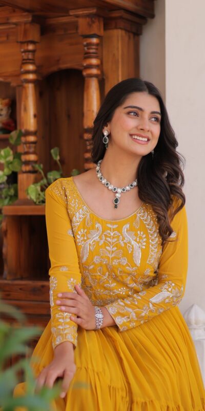 Ram 083 Yellow Fox Georgette Sequence Work Gown . Wedding, Party, Festive, Events Grab it for ₹1749. Delivery 4-6 Working Days. Shop now. | Bollywood Gowns, Creative Gowns, Designer Gowns, Embroidered Gowns, Gowns, Party Wear Gowns