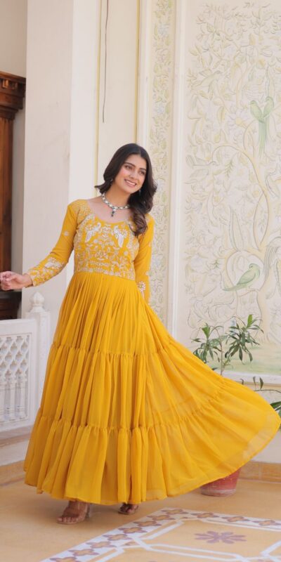 Ram 083 Yellow Fox Georgette Sequence Work Gown . Wedding, Party, Festive, Events Grab it for ₹1749. Delivery 4-6 Working Days. Shop now. | Bollywood Gowns, Creative Gowns, Designer Gowns, Embroidered Gowns, Gowns, Party Wear Gowns