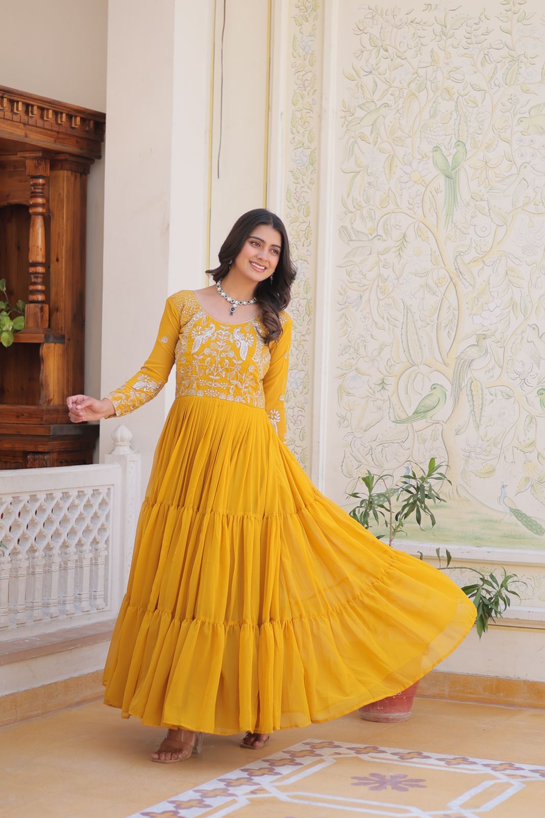 Ram 083 Yellow Fox Georgette Sequence Work Gown . Wedding, Party, Festive, Events Grab it for ₹1749. Delivery 4-6 Working Days. Shop now. | Bollywood Gowns, Creative Gowns, Designer Gowns, Embroidered Gowns, Gowns, Party Wear Gowns