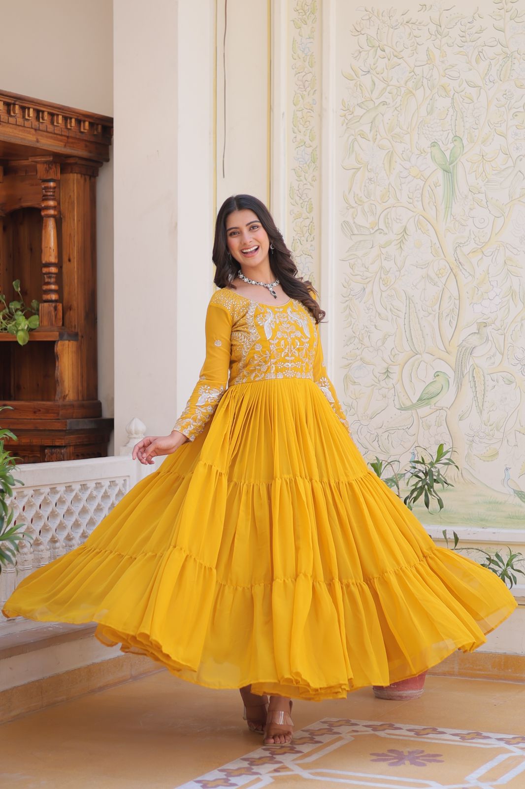 Ram 083 Yellow Fox Georgette Sequence Work Gown . Wedding, Party, Festive, Events Grab it for ₹1749. Delivery 4-6 Working Days. Shop now. | Bollywood Gowns, Creative Gowns, Designer Gowns, Embroidered Gowns, Gowns, Party Wear Gowns
