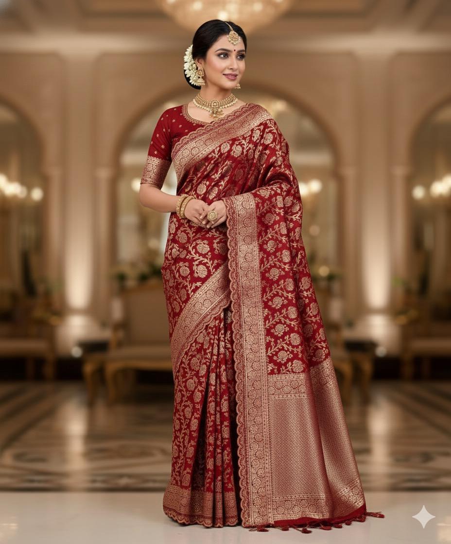 Red Litchi Silk Embroidery Lace Work Saree