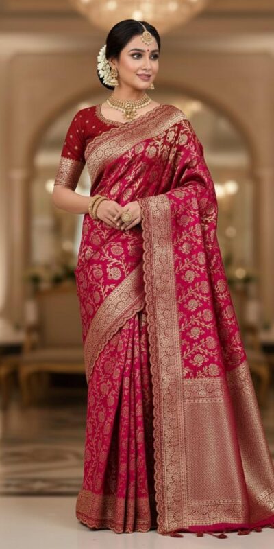 Pink Litchi Silk Embroidery Lace Work Saree