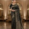 Black Litchi Silk Embroidery Lace Work Saree