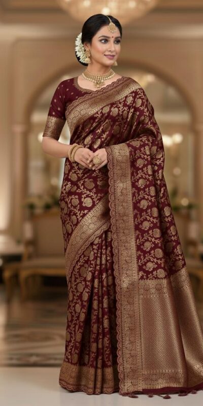 Maroon Litchi Silk Embroidery Lace Work Saree