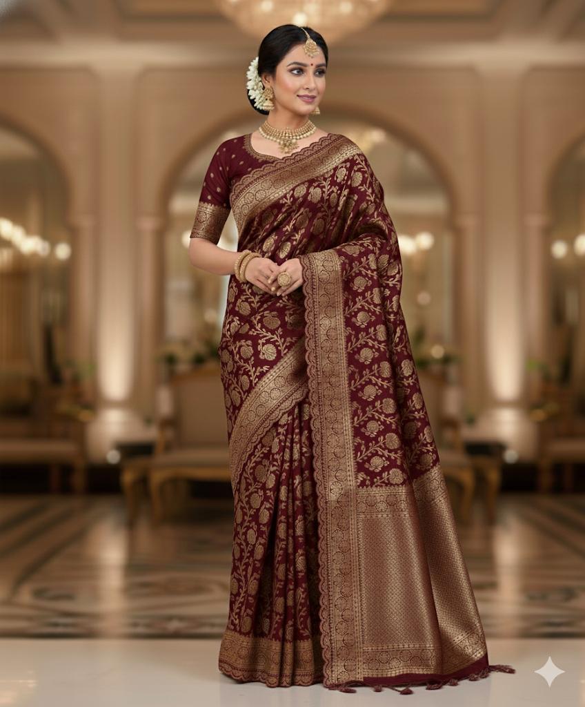 Maroon Litchi Silk Embroidery Lace Work Saree