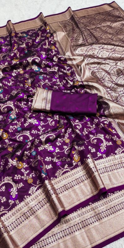 Wine Banarasi Silk With Zari Lace Work Saree