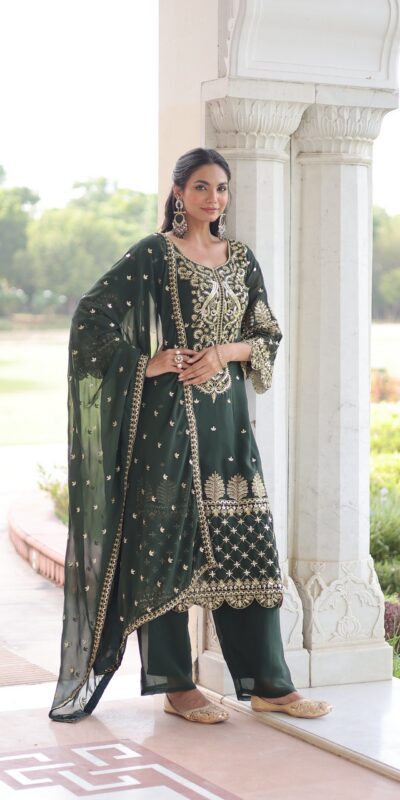Green Faux Blooming Embroidered Work Salwar Suit