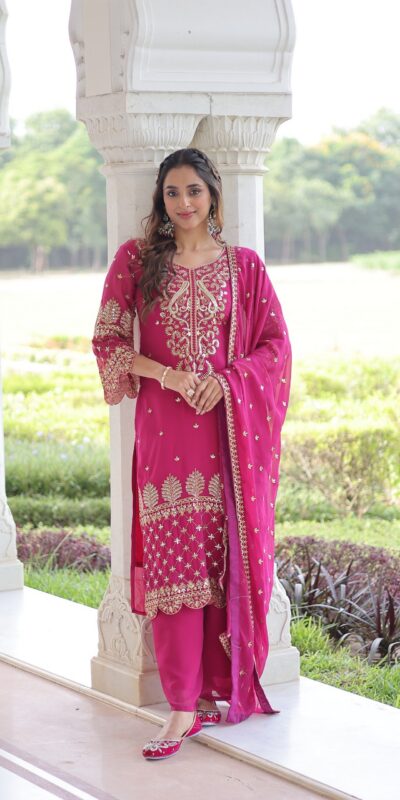 Pink Faux Blooming Embroidered Work Salwar Suit