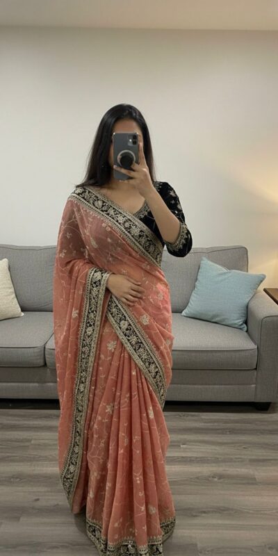 Peach Moss Silk Zari Embroidery Work Saree