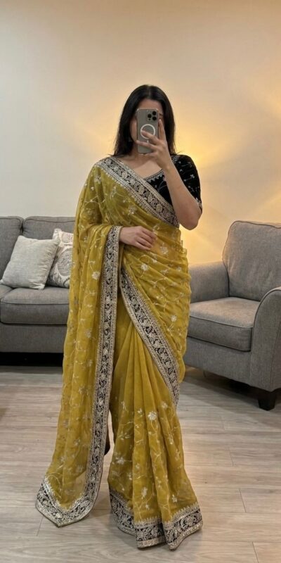 Mustered Moss Silk Zari Embroidery Work Saree