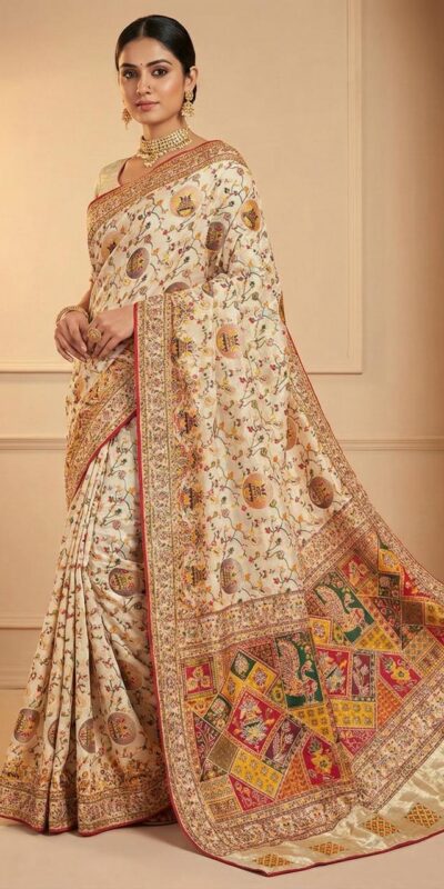 Off White Soft Pashmina Lace Zari Work Saree
