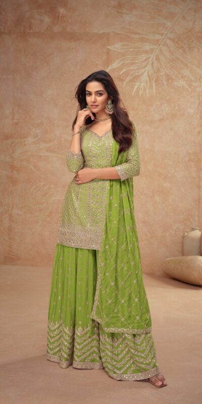 Parrot Green Chinon Sequence Work Salwar Suit