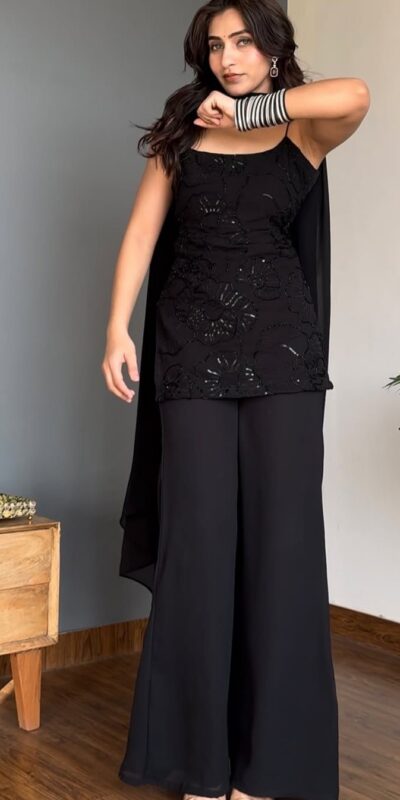 BD 1825 Black Faux Georgette Salwar Suit with Sequins Work & Embroidery Work. Affordable Price ₹1949. Delivery 4-6 Working Days. Shop now. | Casual Suits, Jump Suits, Creative suits, Designer Suits, Palazzo Suits, Party Wear Suits, Patiala Suits, Salwar suit, Straight Suits