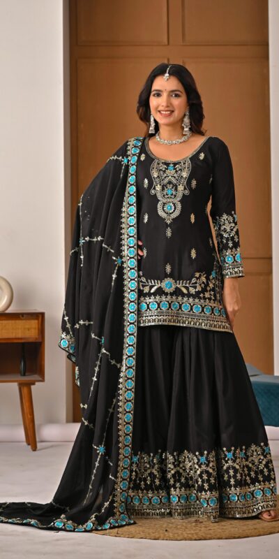 ND 5057 Black NC Vichitra Silk Salwar Suit with Embroidery Work. Special Price ₹2599. Delivery 4-6 Working Days. Shop now. | Casual Suits, Jump Suits, Creative suits, Designer Suits, Palazzo Suits, Party Wear Suits, Patiala Suits, Salwar suit, Straight Suits