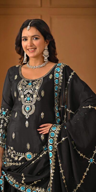 ND 5057 Black NC Vichitra Silk Salwar Suit with Embroidery Work. Special Price ₹2599. Delivery 4-6 Working Days. Shop now. | Casual Suits, Jump Suits, Creative suits, Designer Suits, Palazzo Suits, Party Wear Suits, Patiala Suits, Salwar suit, Straight Suits