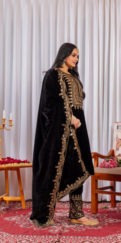 AD 089 Black Viscose Velvet Salwar Suit with Embroidery Work. Affordable Price ₹1999. Delivery 4-6 Working Days. Shop now. | Casual Suits, Jump Suits, Creative suits, Designer Suits, Palazzo Suits, Party Wear Suits, Patiala Suits, Salwar suit, Straight Suits