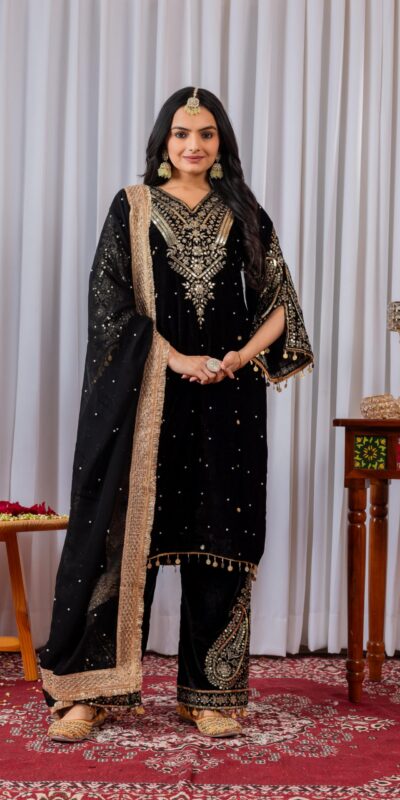AD 134 Black Color Heavy Pure Viscose Velvet Embroidery Sharara Suit Wedding, Party, Festive, Events Etc. Expected Delivery 4-6 Working Days @2099/- | Casual Suits, Jump Suits, Creative suits, Designer Suits, Palazzo Suits, Party Wear Suits, Patiala Suits, Salwar suit, Straight Suits