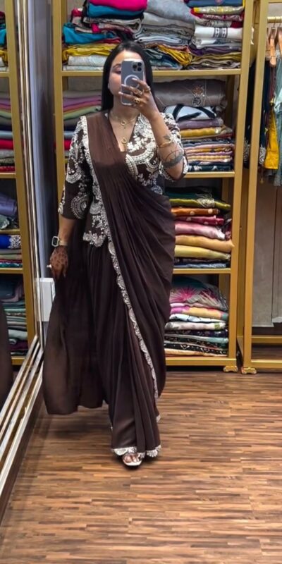 ST 1035 Brown Color Faux Georgette Saree with Embroidery Work. Wedding, Party, Festive, Festive Deal ₹2049. Delivery 4-6 Working Days. Shop now. | Creative Sarees, Bollywood Sarees, Designer Sarees, Embroidered Sarees, Ethnic Saree, Modern Digital sarees, Party Wear Sarees, Sarees