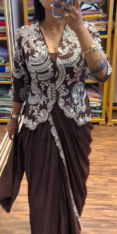 ST 1035 Brown Color Faux Georgette Saree with Embroidery Work. Wedding, Party, Festive, Festive Deal ₹2049. Delivery 4-6 Working Days. Shop now. | Creative Sarees, Bollywood Sarees, Designer Sarees, Embroidered Sarees, Ethnic Saree, Modern Digital sarees, Party Wear Sarees, Sarees