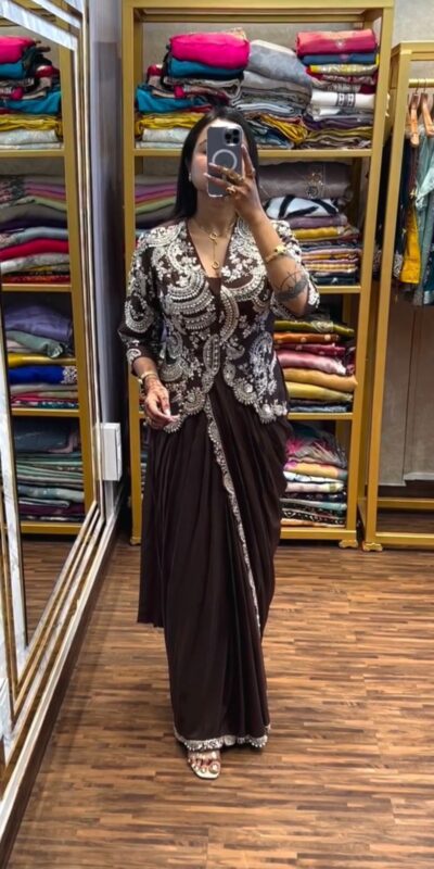 ST 1035 Brown Color Faux Georgette Saree with Embroidery Work. Wedding, Party, Festive, Festive Deal ₹2049. Delivery 4-6 Working Days. Shop now. | Creative Sarees, Bollywood Sarees, Designer Sarees, Embroidered Sarees, Ethnic Saree, Modern Digital sarees, Party Wear Sarees, Sarees