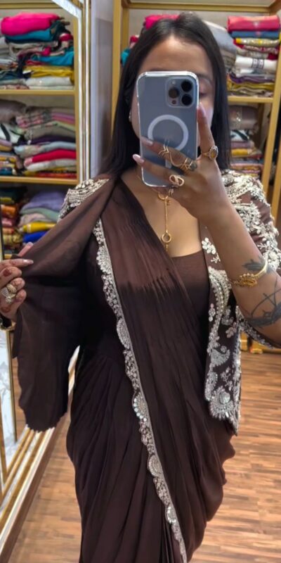 ST 1035 Brown Color Faux Georgette Saree with Embroidery Work. Wedding, Party, Festive, Festive Deal ₹2049. Delivery 4-6 Working Days. Shop now. | Creative Sarees, Bollywood Sarees, Designer Sarees, Embroidered Sarees, Ethnic Saree, Modern Digital sarees, Party Wear Sarees, Sarees