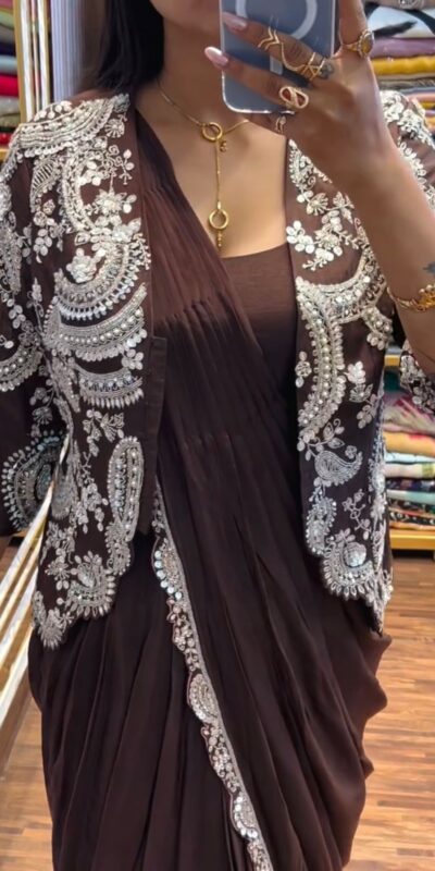 ST 1035 Brown Color Faux Georgette Saree with Embroidery Work. Wedding, Party, Festive, Festive Deal ₹2049. Delivery 4-6 Working Days. Shop now. | Creative Sarees, Bollywood Sarees, Designer Sarees, Embroidered Sarees, Ethnic Saree, Modern Digital sarees, Party Wear Sarees, Sarees
