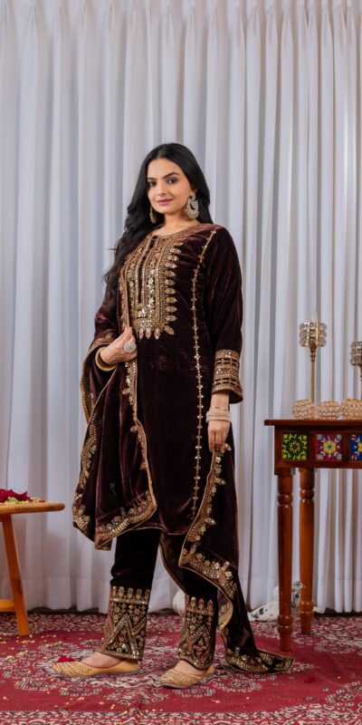 AD 089 Brown Viscose Velvet Salwar Suit with Embroidery Work. Affordable Price ₹1999. Delivery 4-6 Working Days. Shop now. | Casual Suits, Jump Suits, Creative suits, Designer Suits, Palazzo Suits, Party Wear Suits, Patiala Suits, Salwar suit, Straight Suits